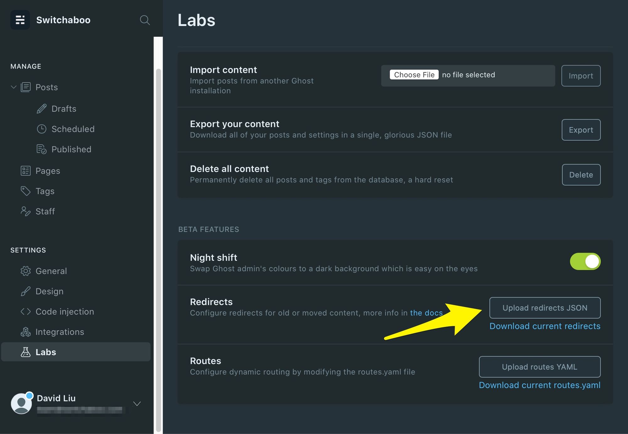 This is where your new redirects.json file goes -- into the Labs portion of Ghost.